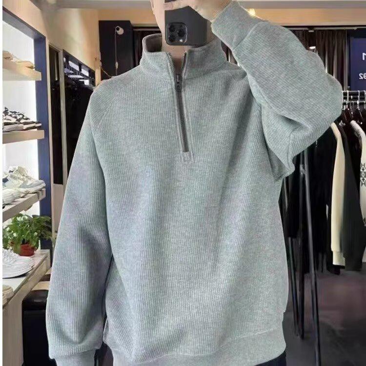 Men's Autumn Solid Color Half-Zip Sweatshirt - Loose Fit Versatile Streetwear Jacket