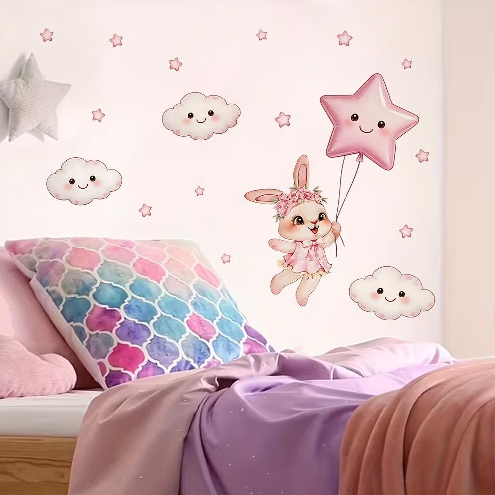 Selbstklebende Rosa Wolken Niedlicher Hase Abnehmbare Wandaufkleber für Kleiderschrank Kinderzimmer Heimdekoration
