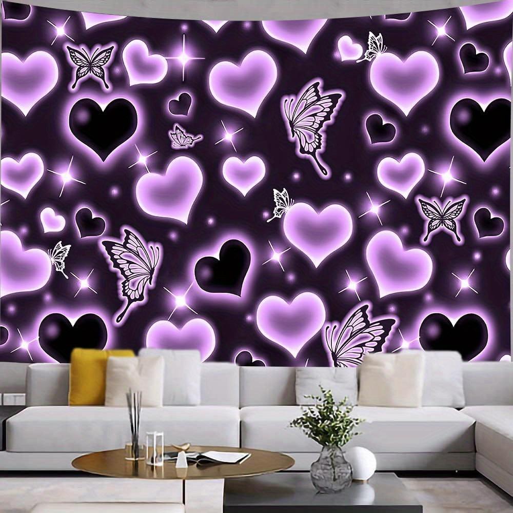 Glowing Hearts and Butterflies Tapestry Romantic Neon Wall Art for a Magical Cozy and Enchanting Decor Statement