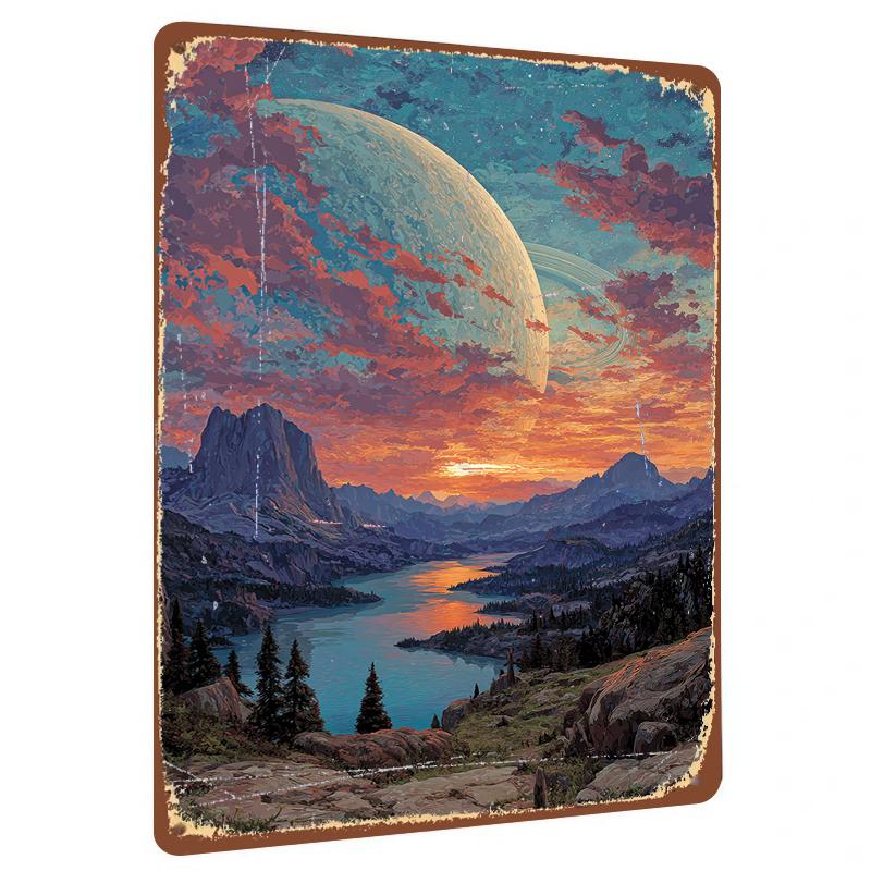 Custom Starry Planet Mountain Lake Sunset Landscape Metal Wall Art Home Decor Painting 20x30cm(7.8x11.8inch)