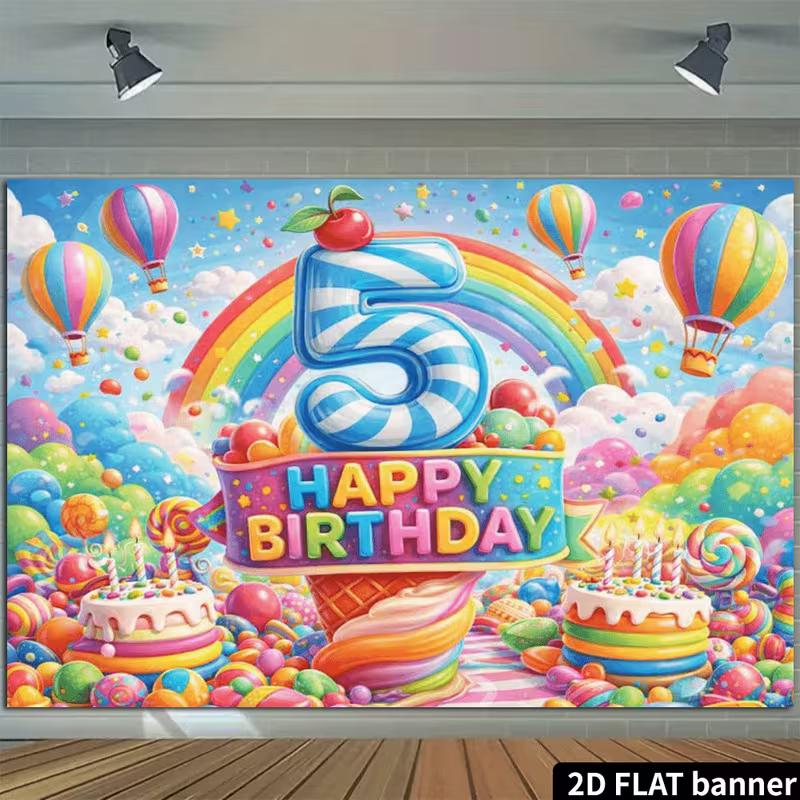 2D 5th Birthday Backdrop Rainbow Candy Hot Air Balloon Photography Background Kids Party Decoration