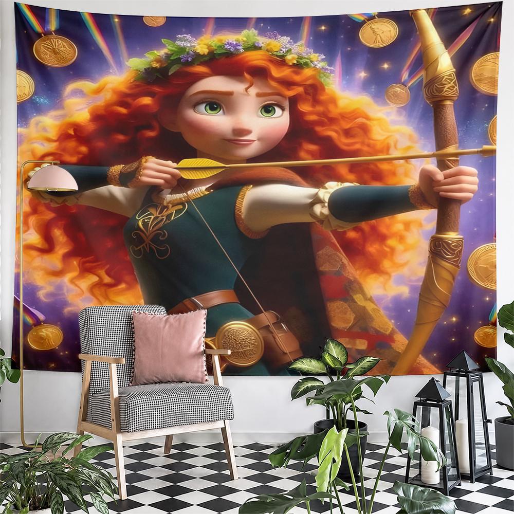 Landscape Wall Tapestry Merida Drawing Golden Bow Surrounded by Medals and Flower Crown, Purple Starry, 3D, Wide Decor for Adult Bedroom Fan Gift