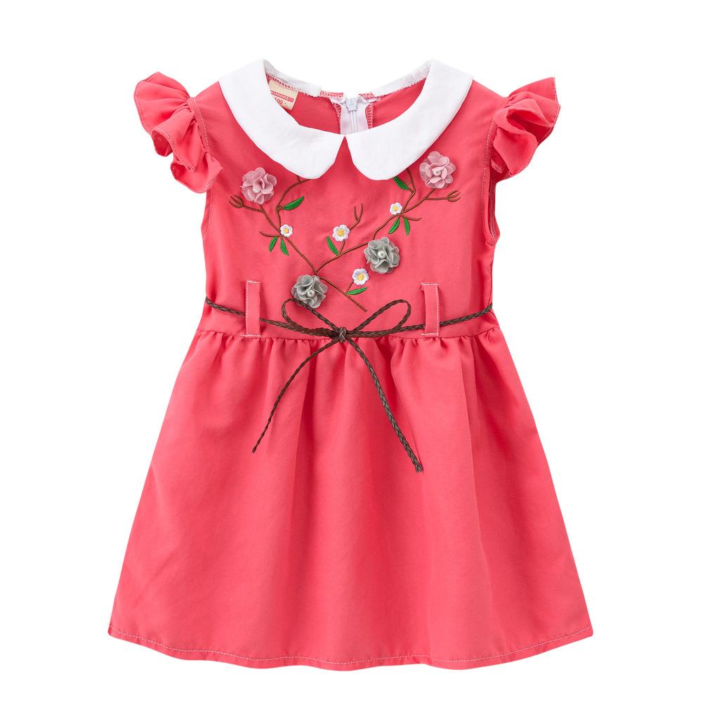 

Summer Girls Dress Cute Doll Collar Embroidered Belt Vest Dress Sweet Flutter Sleeve Princess Dress with Hat червоний