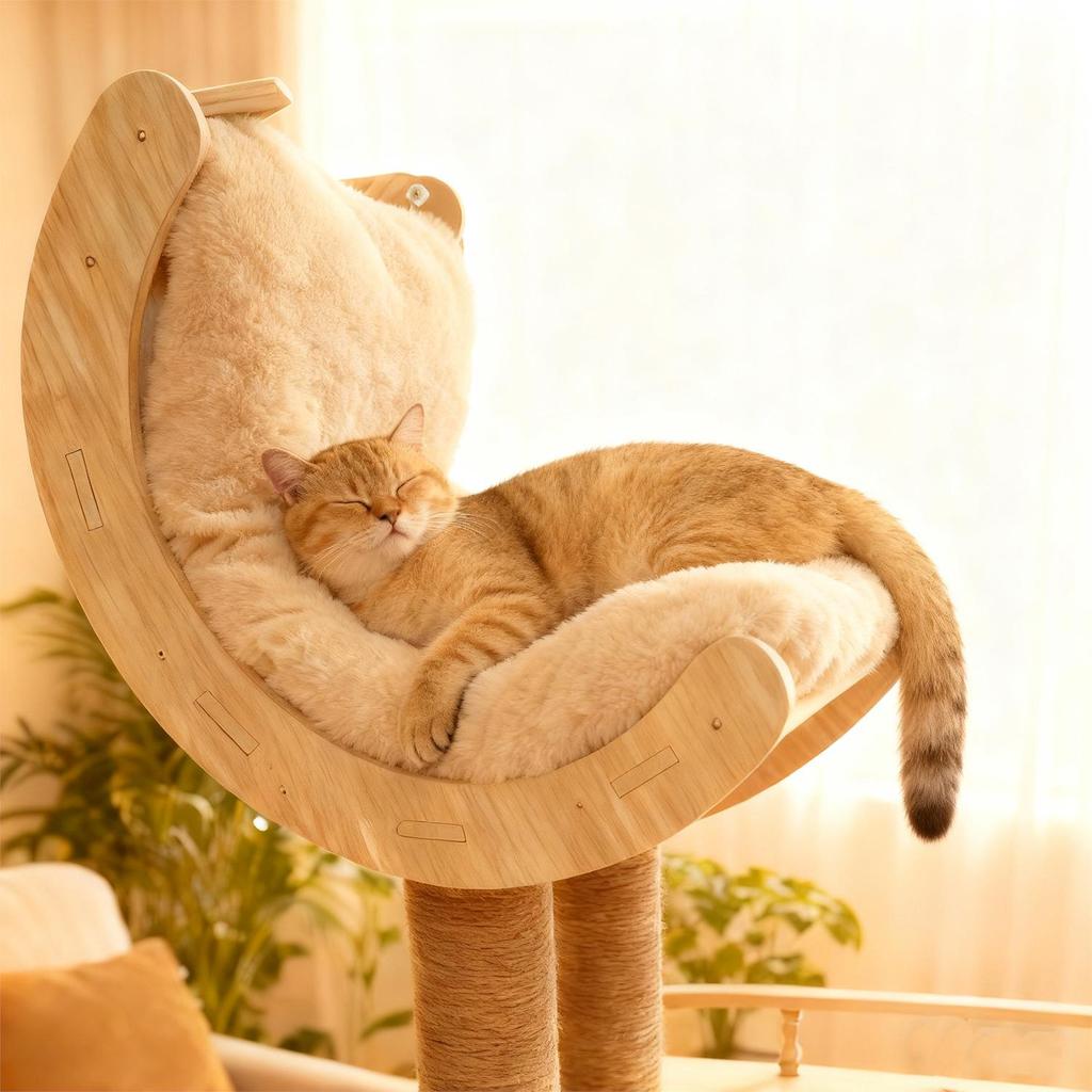 Solid Wood Cat Tree with Integrated Bed and Capsule Climber - Space-Saving Design for Small and Large Homes