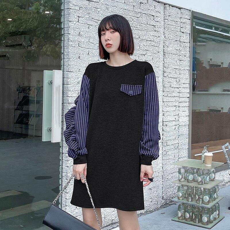 Xitao Codzienna Damska Sukienka Swetrowa Jesień Nowa Koreańska Patchworkowy Wzór w Paski O-Neck Luźna Mini Prostota Moda WMD3617