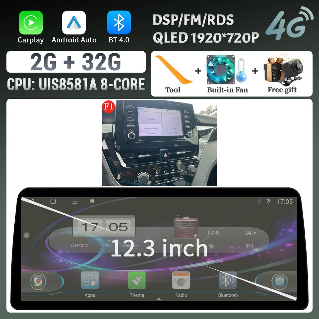 12.3inch For Toyota Camry 2021-2022 Car Radio Multimedia Android 14 4G GPS Navigation Wireless BT Carplay Head Unit Touch Screen