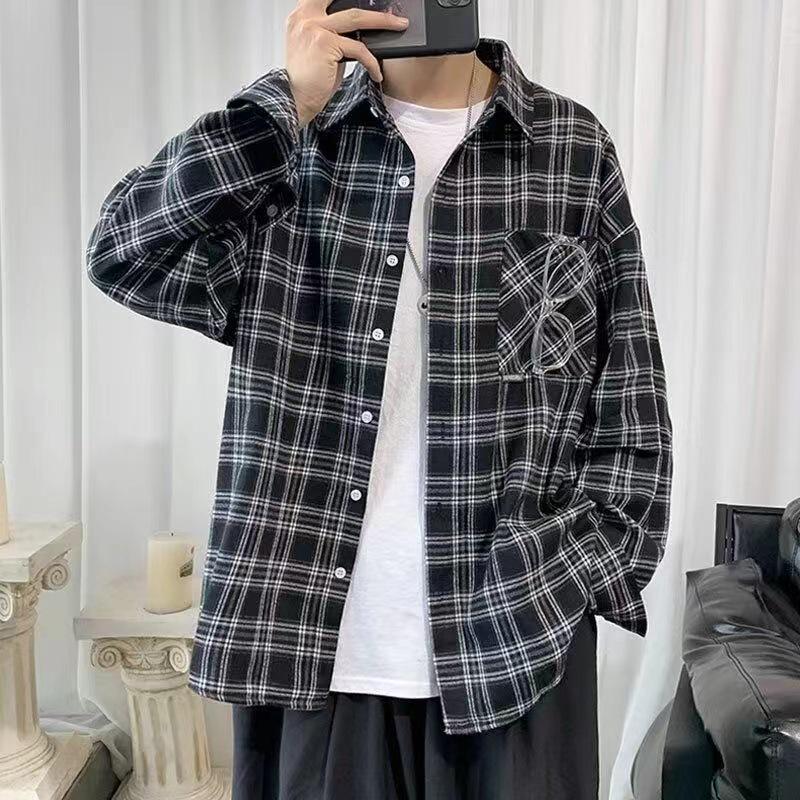 Men's Hong Kong Style Plaid Shirt Autumn Set - High-End Teen Cool & Handsome Outfit