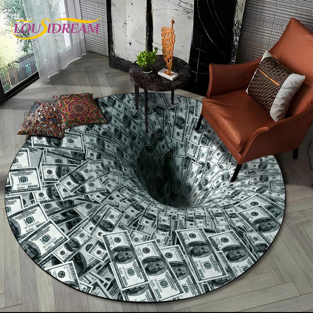 Rich Euro Dollar Money 3D Pattern Round Carpet Rug for Living Room Bedroom Child Playroom Chair Decor,Pet Area Rug Non-slip Mat