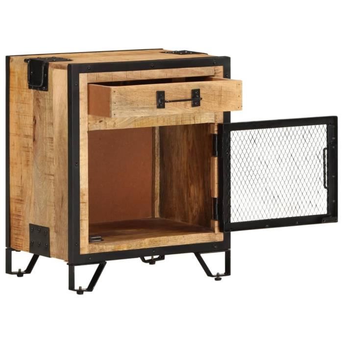 Table de chevet - Bois de manguier massif - 43x30x51 cm - 1 tiroir - Style industriel - Marron et noir