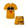 Men's Plus Size Casual Breathable Round Neck Short Sleeve Cartoon Emoji Shorts Set, Plus Size