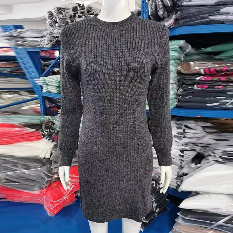 2024 Autumn/Winter Pure Color Round Neck Long Sleeve Hip Wrap Sweater Women's Dress