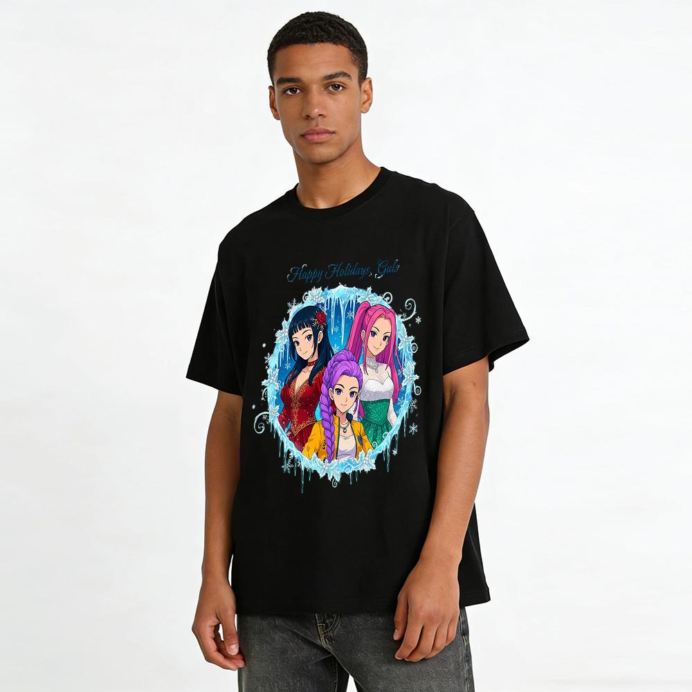 Happy Holidays Gals Anime Print Top Festive Themed Casual Versatile T-Shirt For Women Pure cotton T-shirt
