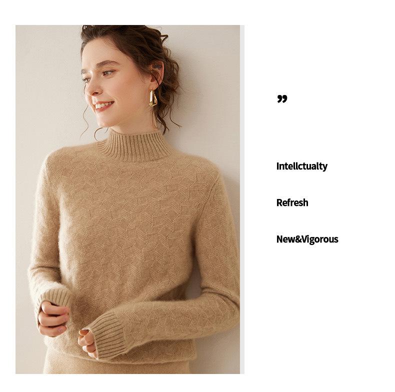 Twisted Flower Half-High Collar Cashmere Knit Sweater - Women's Loose Solid Color Casual Pullover, Long Sleeve Warm Top