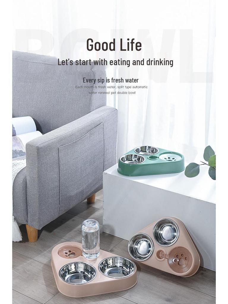 Cute Triangle Pet Bowl Set: 3 Plastic Bowls with Automatic Water Dispenser and Splash-Proof Design