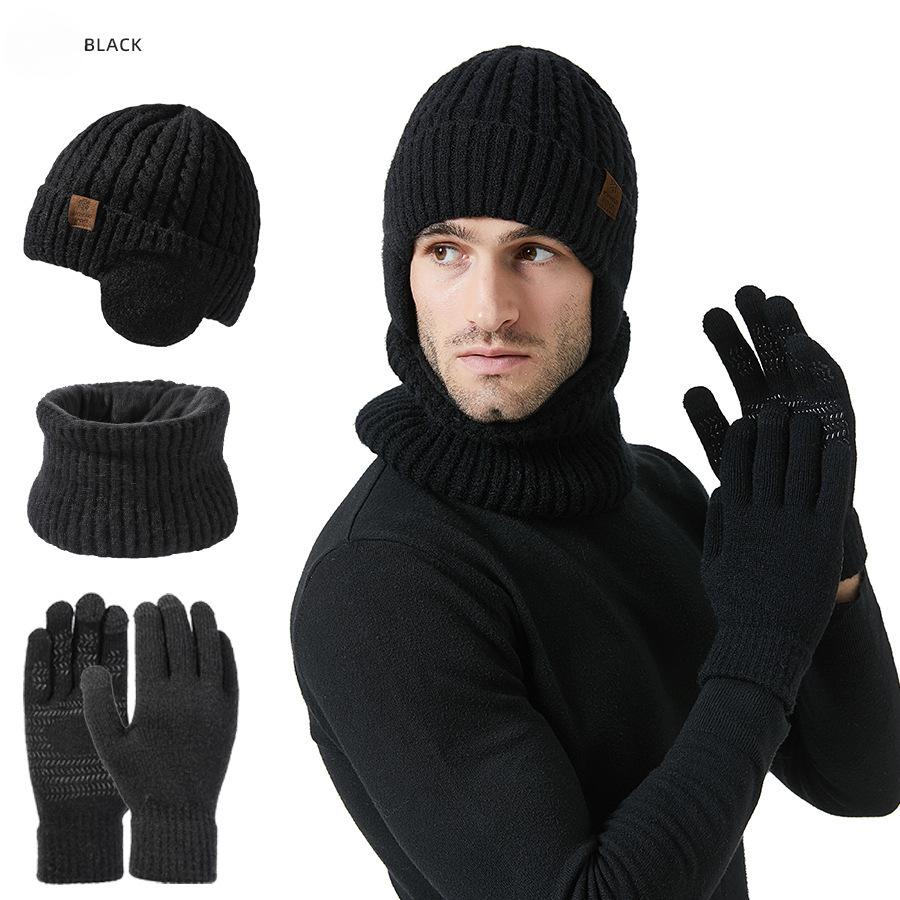 Men and Women Winter Warm Fleece Lined Ear Protection Knitted Hat Scarf Touchscreen Gloves Set Unisex Outdoor Cold-resistant Woolen Hat Set