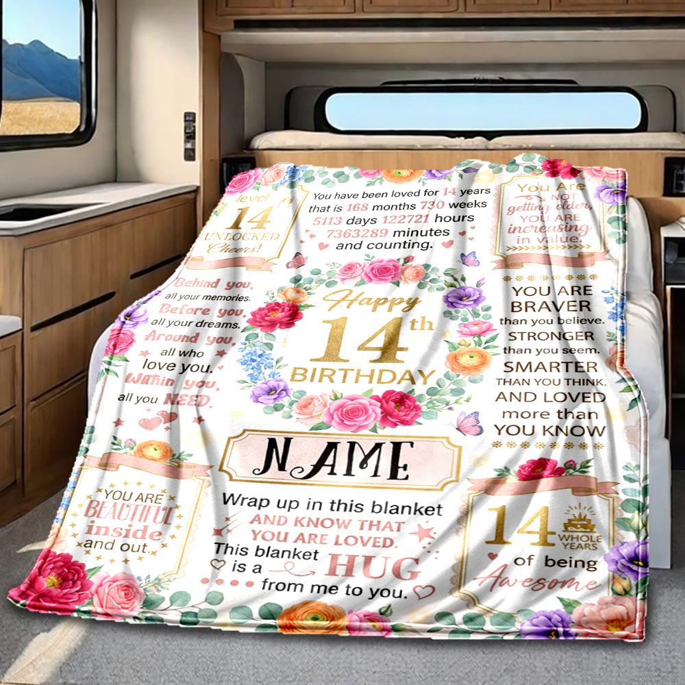 14Th Birthday Celebration Blanket Personalized Name Soft Comfortable Stylish Blanket Car Blanket Perfect For Travel Camping Outdoor Home Suitable For