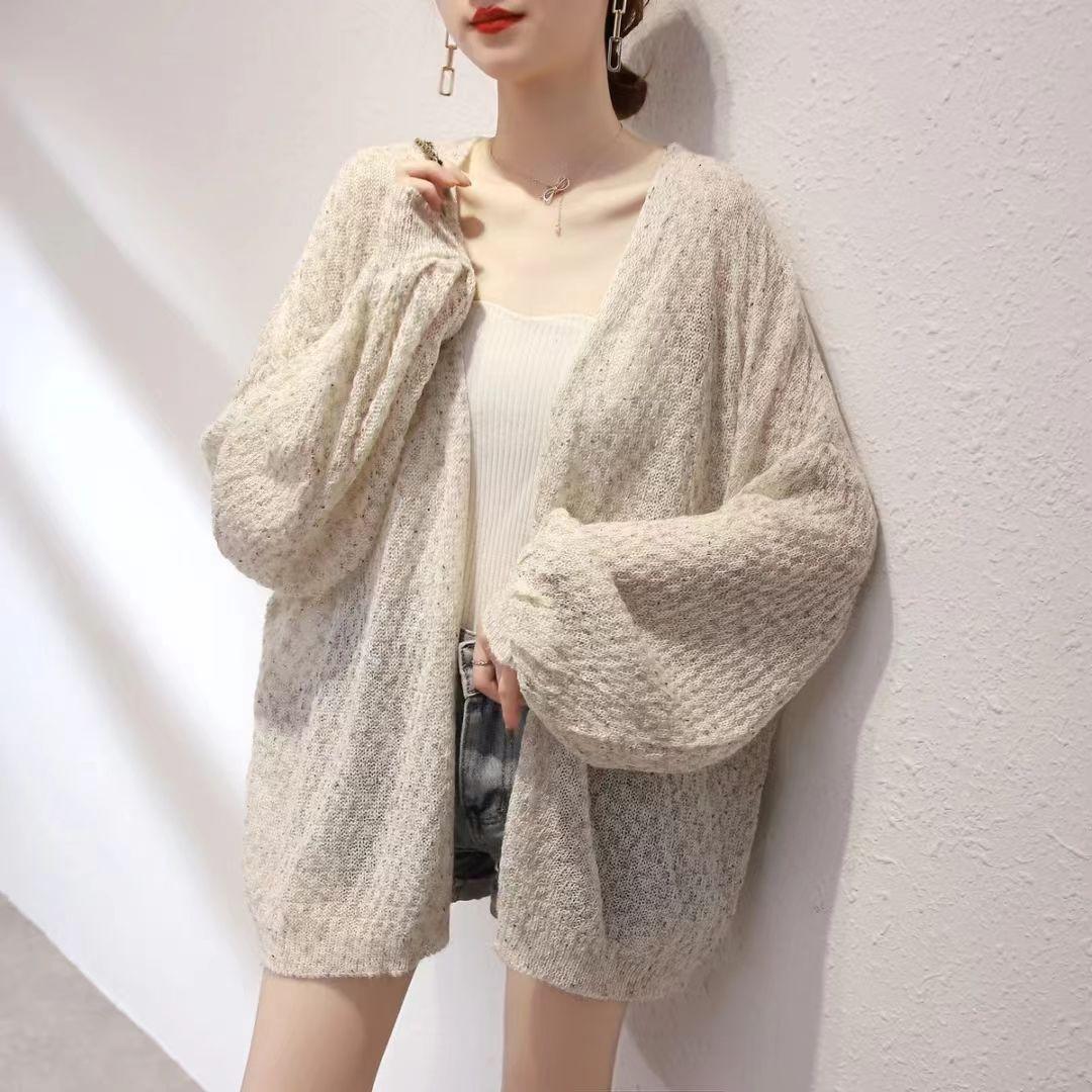 

Sunscreen Thin Knitted Cardigan Summer Women s Fashion Loose Korean Version Lazy Lantern Sleeve Outer Outfit 3XL бежевий