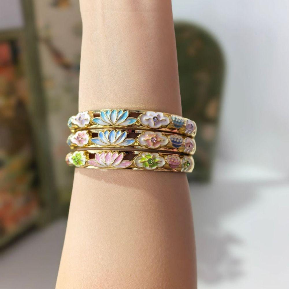 Gold Plated Enamel Floral Bangle Elegant Lotus Floral Open Cuff Bracelet Cloisonne Bangle Ladies