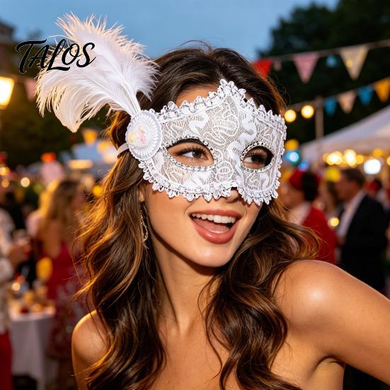 Photogenic Masquerade Mask Halloween Princess Half Face Mask, Venetian Party Elegant with Lace Feather Rhinestones, Adjustable Ribbon Women Accessory