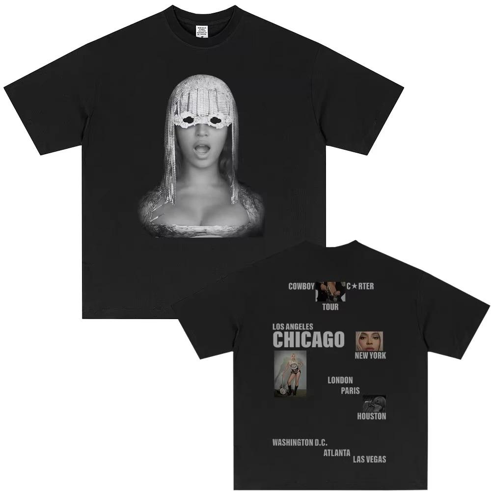 

Футболка с портретом Beyoncé Cowboy Carter Tour, двусторонняя, винтажная, рэп, оверсайз, черная, унисекс, для женщин и мужчин 4XL