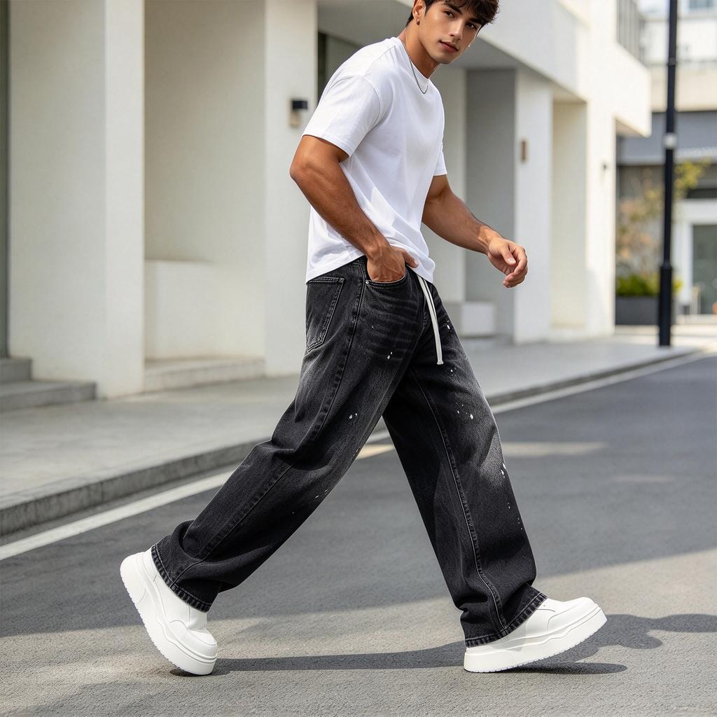 Herren Locker geschnittene Denim-Cargo-Hose, Ausgewaschene Gerade Weitbeinige Jeans für Lässige Streetwear
