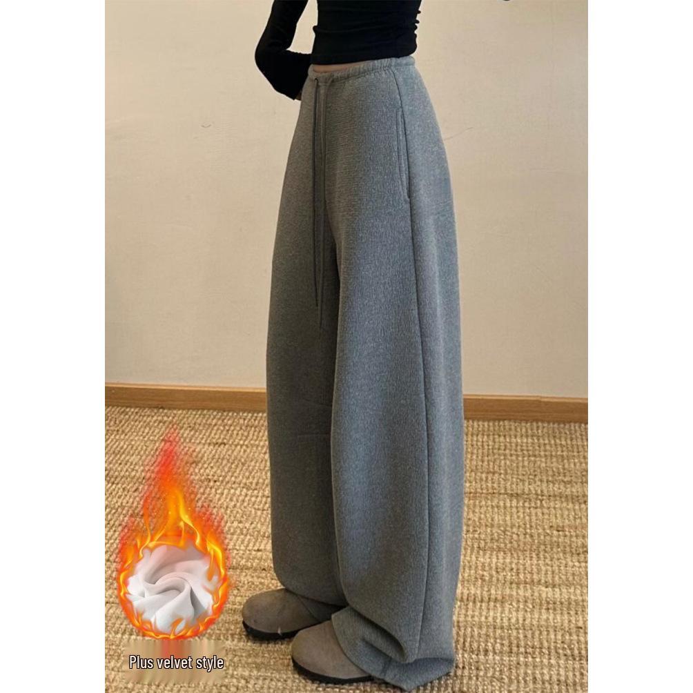 

2025 Autumn/Winter Women s Plus Velvet Wide-Leg Sweatpants: Warm, Thick, Solid Color, Casual Straight-Leg Design 3XL (150-165 lbs)