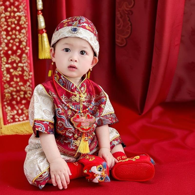 Summer Baby Boy Birthday Tang Suit with Crown for Zhou Ceremony