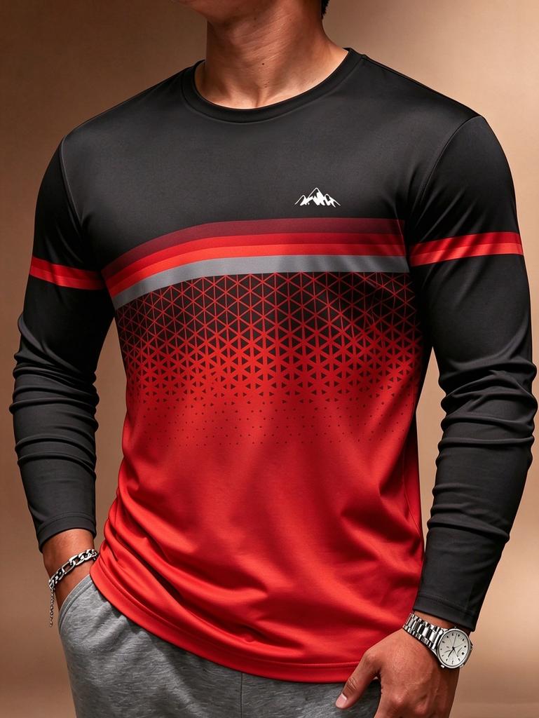 2026 Einfaches Herren-Streifen-Gradient-T-Shirt Herbst Outdoor Mode Langarm-Oberteile Übergroße Langarm-T-Shirts Herrenbekleidung
