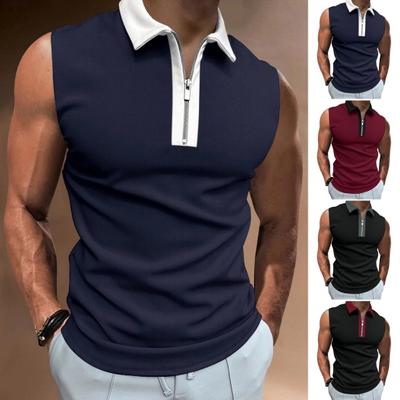 Men Summer Shirt Turn-down Collar Zipper Sleeveless Solid Color Patch Pocket Breathable Pullover Slim Fit Mid Length Casual Daily Top