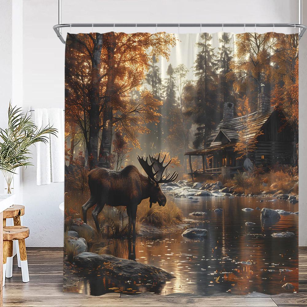 Herbstwald Duschvorhang Hirsch Hochlandrind Tiger Wildtier Natur Herbstlandschaft Badezimmerdekoration Polyester Duschvorhang