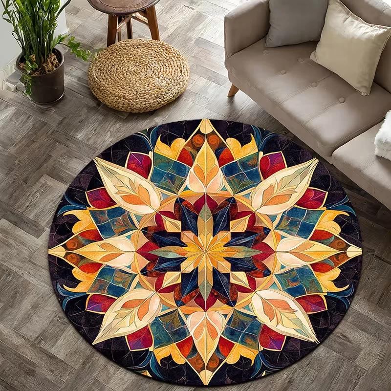 Farmhouse Bohemian Floral Round Rug Vintage Botanical Kaleidoscope Print Non Slip Circular Mat for Living Room Bedroom