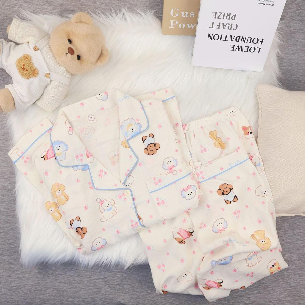 Cute puppy pajamas women's spring and autumn cloud cotton gauze long-sleeved trousers cute student loungewear summer