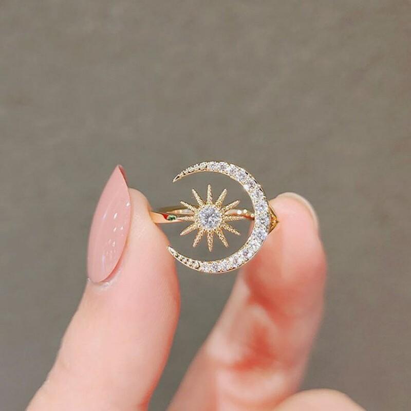 Sterling Geometric Moon Star Crescent Zircon Ring Women Adjustable Open Band Fashion Minimalist Jewelry
