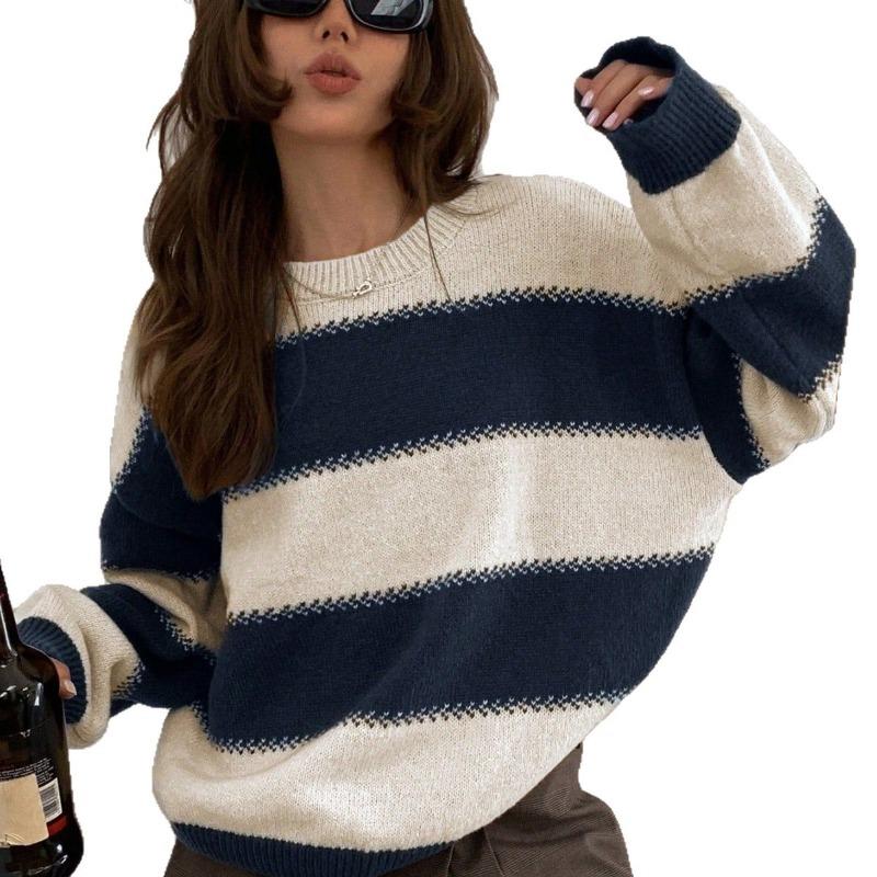 Women S Color Block Striped Knit Sweater Loose Drop Shoulder Crew Neck Long Sleeve Casual Top