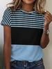 [Printed Design - Not Textured]Summer Women'S Striped Patchwork Printed Short-Sleeve T-Shirt. Round Neck Casual Vacation Daily Top - Fabric. Machine W