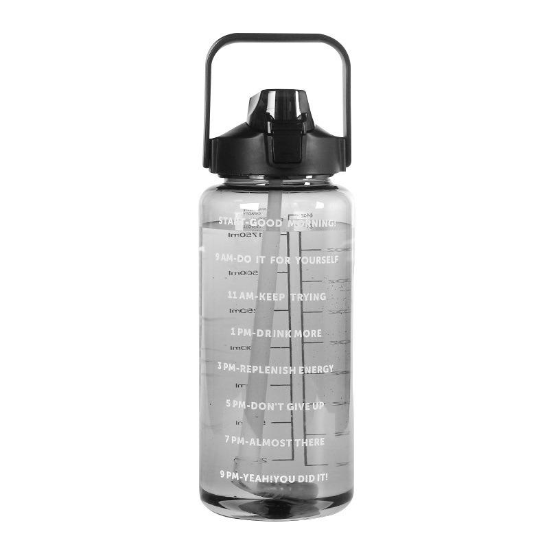 2L Tragbare Wasserflaschen Plastik Strohhalm Wasserbecher Trinkflasche mit Zeitmarkierung für Outdoor-Sport Fitness Wasserkrug Trinkgeschirr