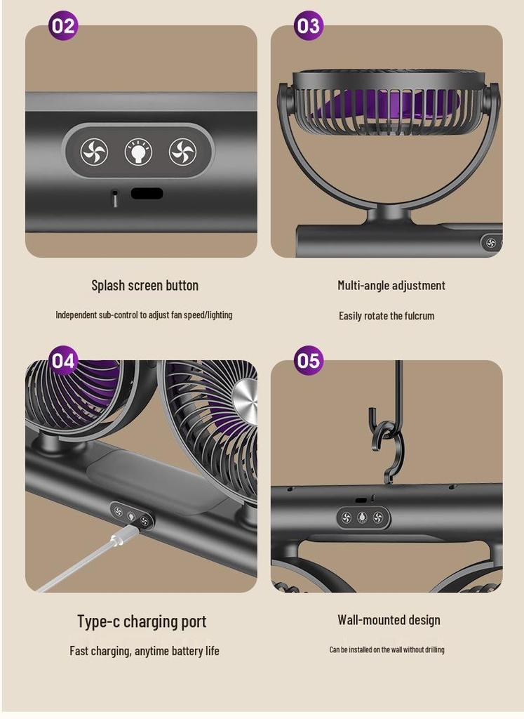 Adjustable Dual-Head Fan with Light for Home and Travel