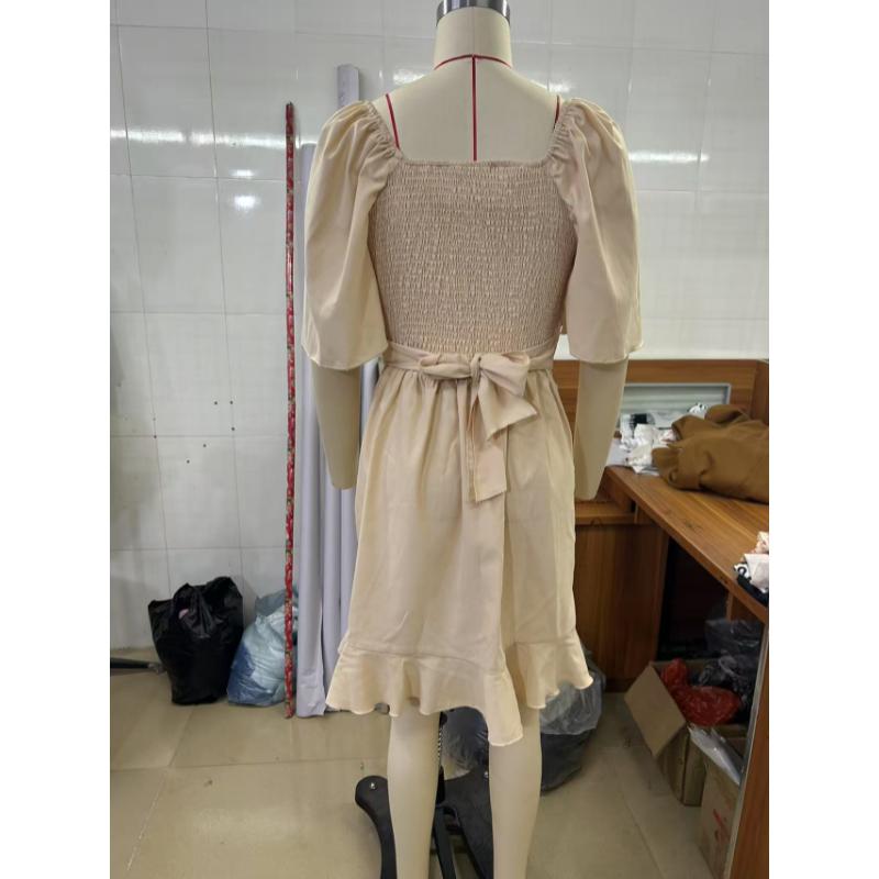 Vestido Mini de Verano Cruzado con Cuello en V Color Sólido Cintura Alta Dobladillo con Volantes Manga Corta Acampanada Elegante Casual Fiesta Cita Uso Diario Vestido de Sol