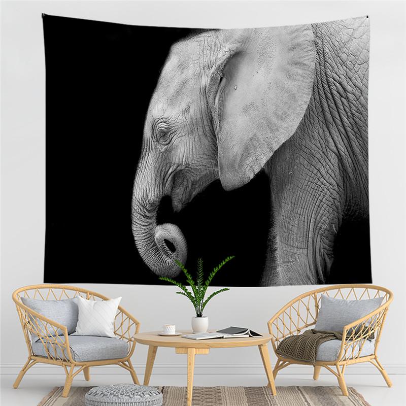 Black and White Elephant Print Pattern Tapestry Bohemian Style Wall Hanging Mandala Polyester Living Room Decoration Tapestry