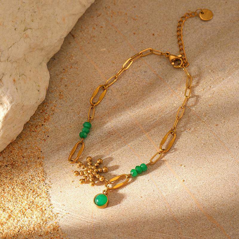 European and American embellished eyes natural stone titanium steel pendant necklace fashionable stacked collarbone chain gold-plated stainless steel