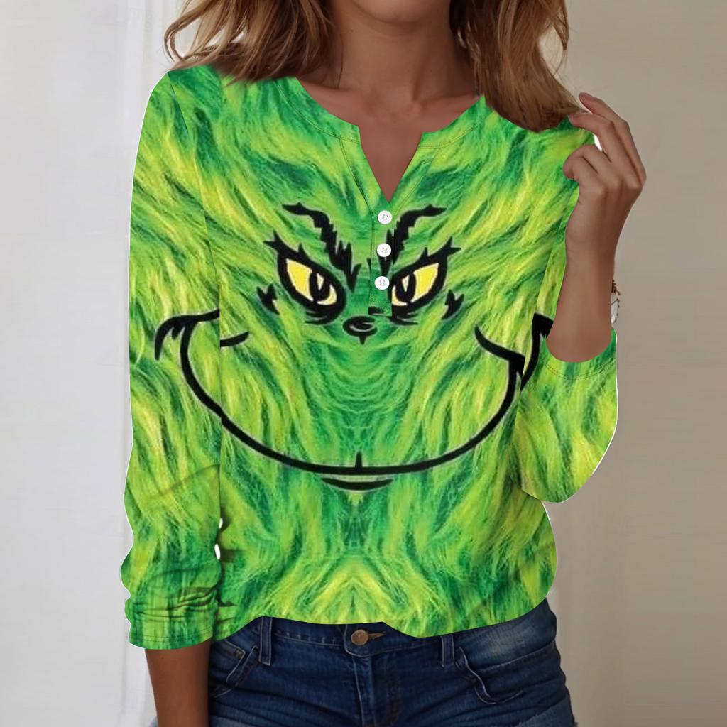 Women's Fashion Casual V-Neck Long Sleeve Decorative Button Christmas Print Top