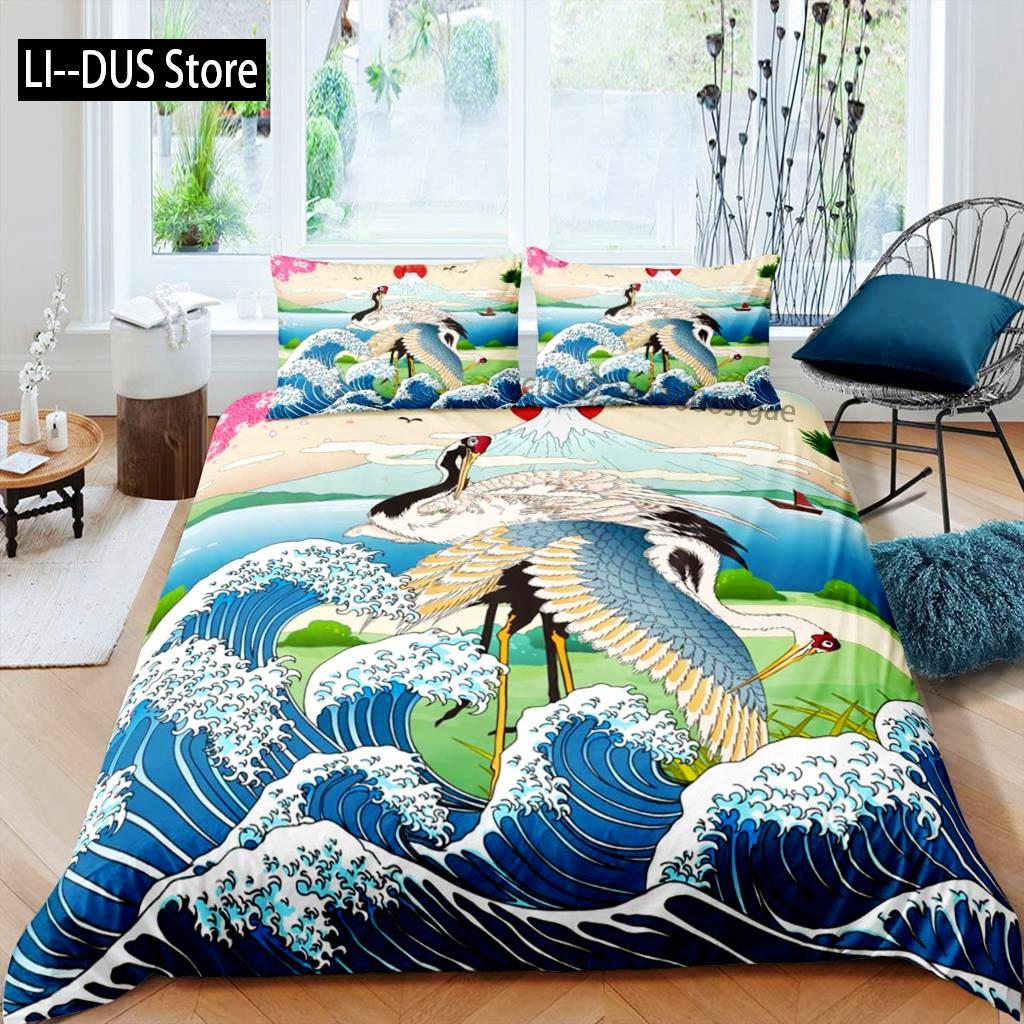 Comforter Crane Queen Size Japanese-Style Bedding Set Cherry Blossoms Pattern Women Girls Japanese Traditional