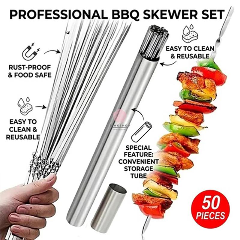 50Pcs Premium Stainless Steel BBQ Skewers Reusable Grill Kebab Sticks for Camping Travel Barbecue Events