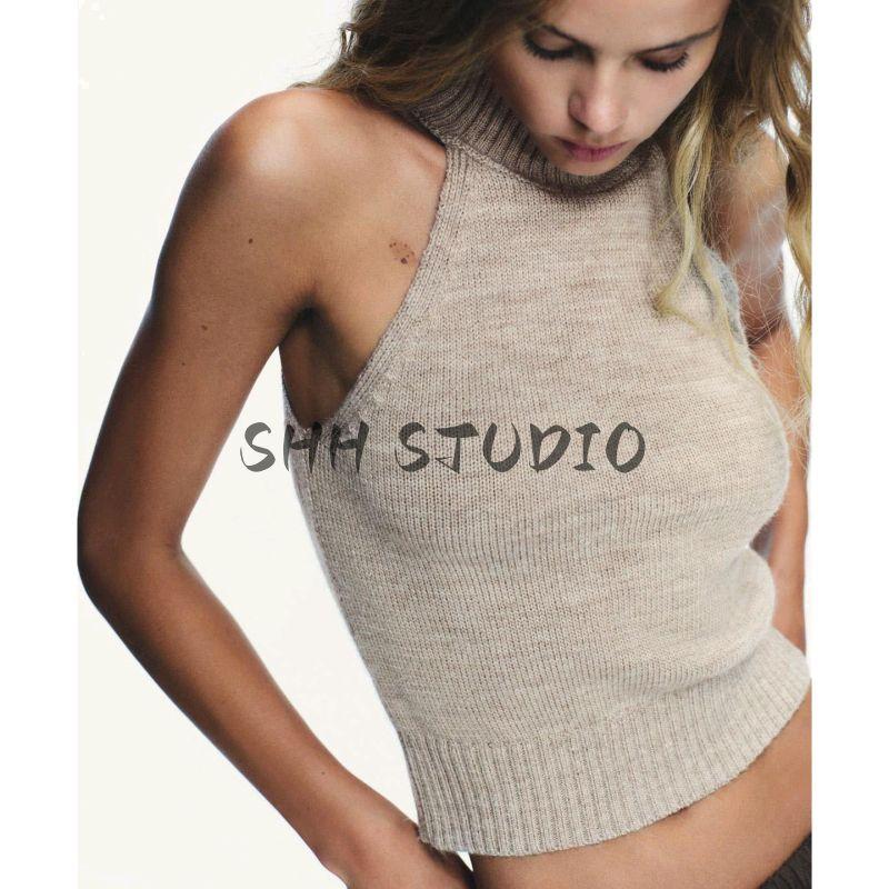 Autumn New Women Sleeveless Vest Pure Color Silm Hanging Collar off-the-Shoulder Knitting Tops 6771138