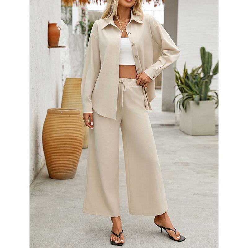 Fashion Fall Lapels Single Breasted Solid Color Loose Long Sleeves Cardigan Shirt Elastic Waist Pants Casual Two-Piece Suit