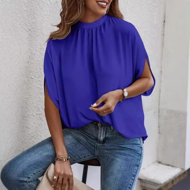 Womens Solid Green Mock Neck Blouse Casual Split Batwing Sleeve Loose Top