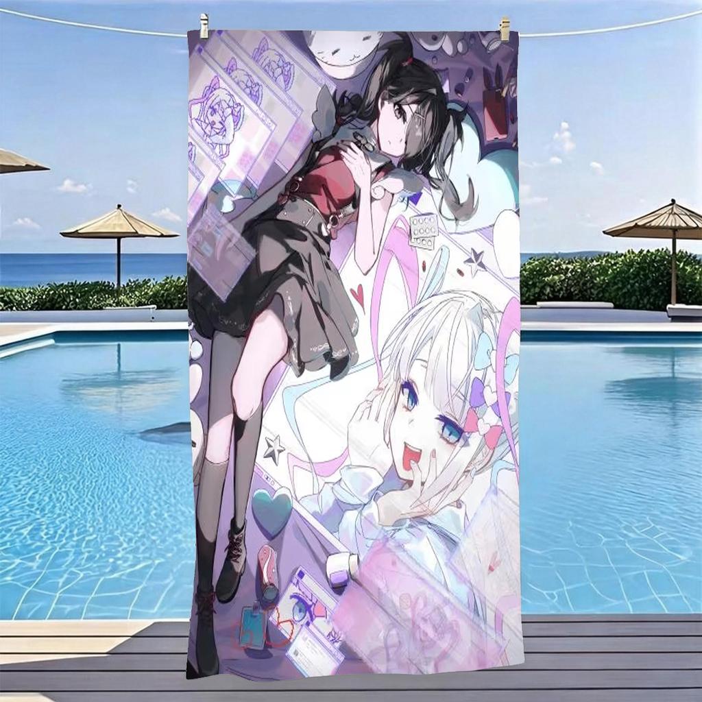 Süße Zwillings-Anime-Mädchen Y2K Kawaii Cartoon Strandtuch Mikrofaser Schnelltrocknend Anime Badetuch für Pool Strand Reisen Otaku Fans Geschenk