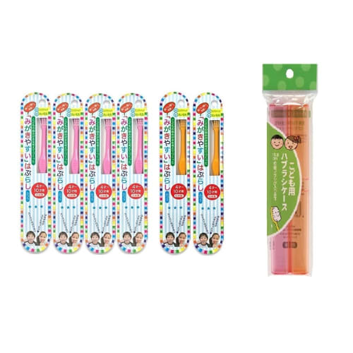 Easy-to-brush toothbrush and toothbrush case set for children (4 pink toothbrushes, 2 orange toothbrushes, 1 case containing 2 toothbrushes)