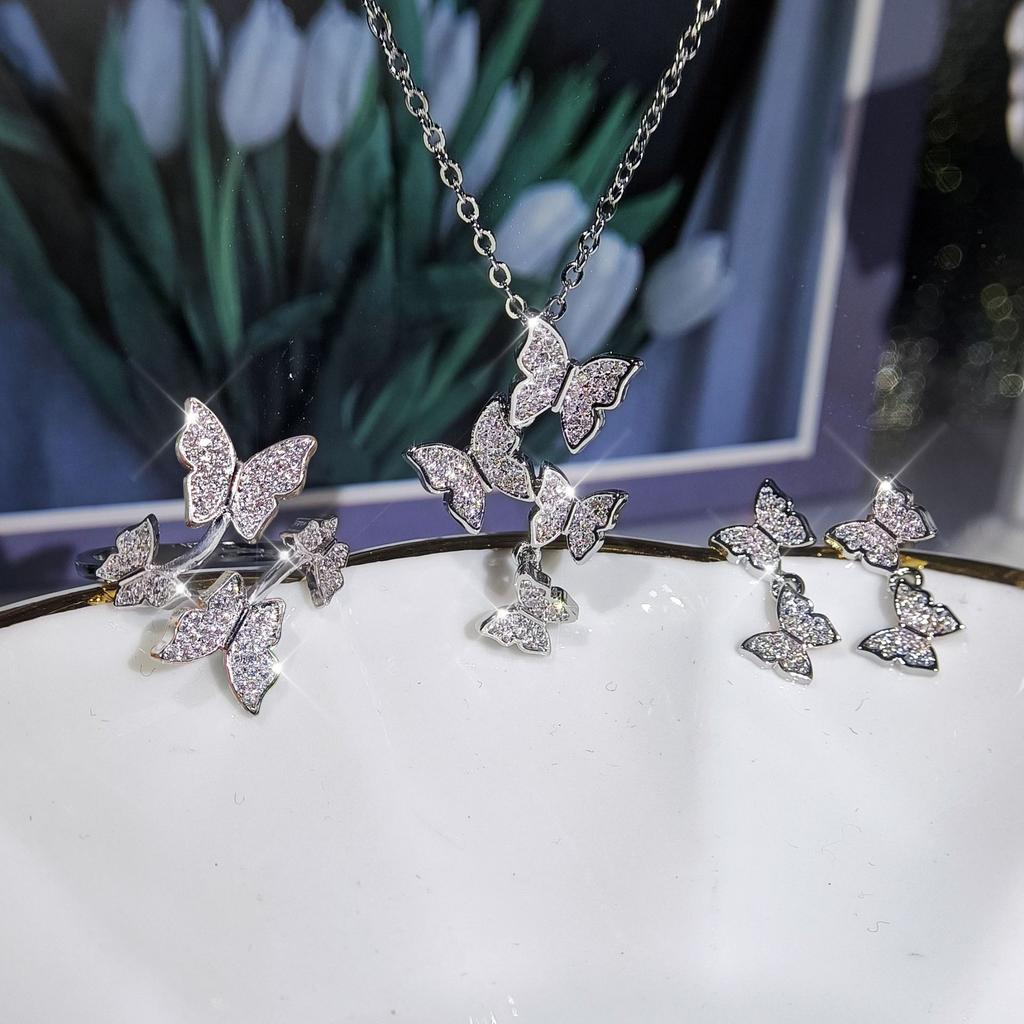 Fashion Korean Version Short Four Butterfly Necklace with Diamond Chain Fashion Sweet Style Three-piece Set of Accessories