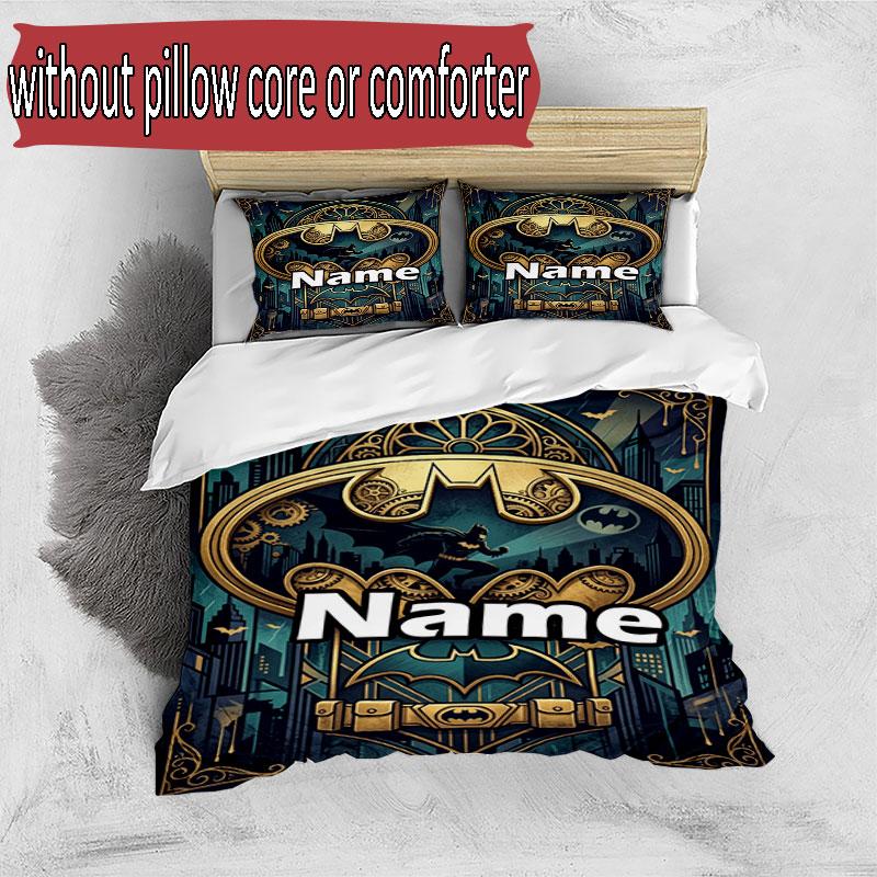 3pcs Duvet Cover Set (1*Duvet Cover + 2*Pillowcase, Without Core), Custom Name Batman Pattern Bedding Set, Home Bedroom Decor Gift